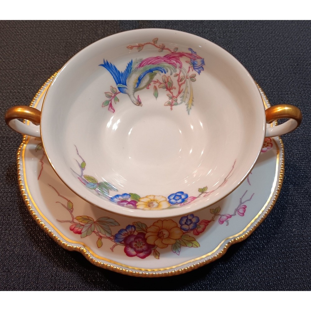 Castleton‎ China Phoenix Cream Soup Bowl and Saucer Set Gold Trim Made in USA